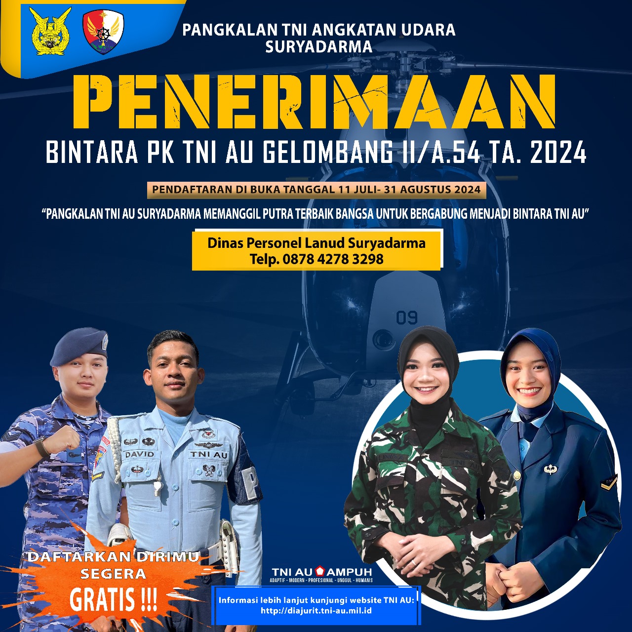 Pendaftaran gelombang II penerimaan Bintara TNI AU tahun 2024 dimulai tanggal 11 Juli s.d 31 Agustus 2024.