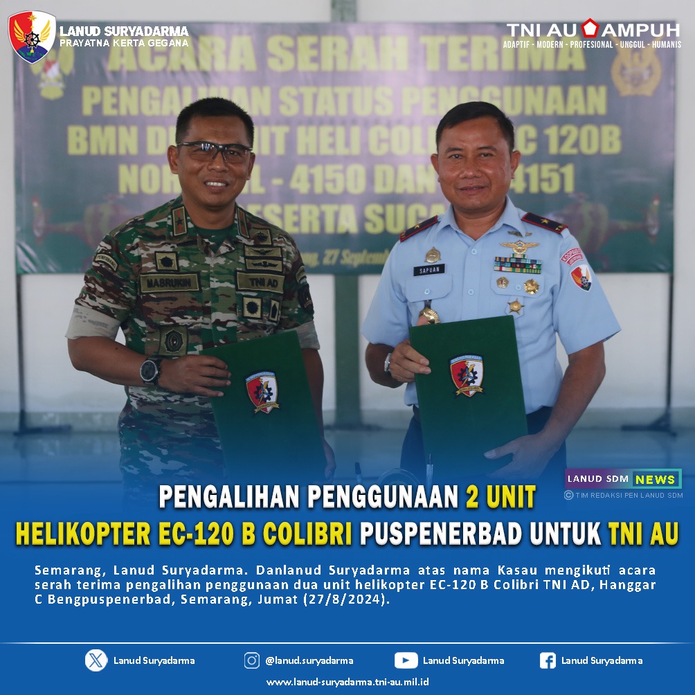 Pengalihan Penggunaan 2 unit Helikopter EC-120 B Colibri Puspenerbad untuk TNI AU